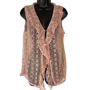 Frazzle Crochet Vest Open Front Sleeveless‎ Ribbon Detail Pink Vest Size S